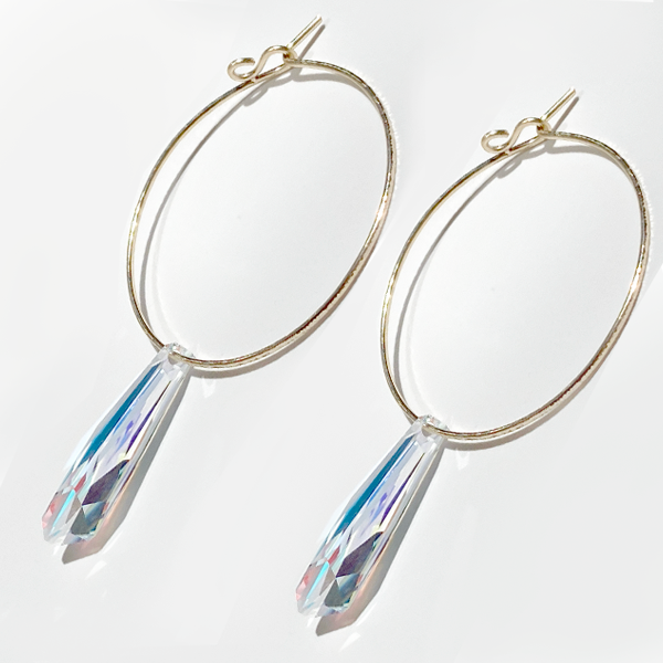Versatile 14 Karat Gold Textured Iridescent Crystal Hoop Earrings | Jewelry Made in California