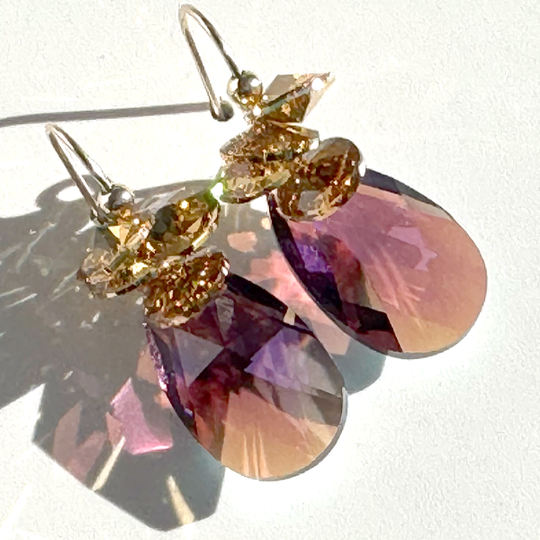Short Drop Crystal Custer Earrings - Holiday Collection - Amethyst Golden