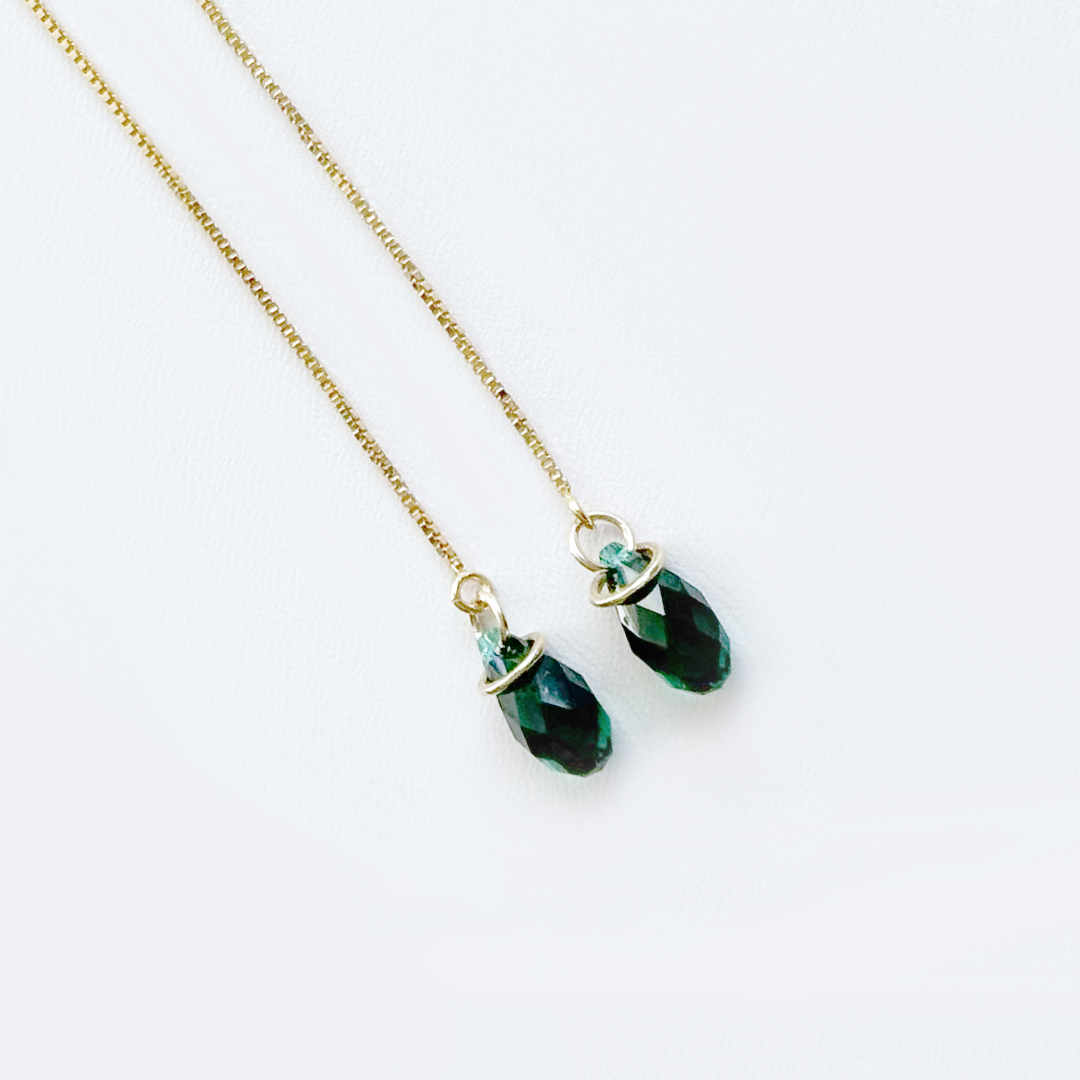 Green Briolette Crystal Threader Earrings | 14k Gold | MONOLISA Dainty Jewelry Collection by Artist Lisa Ramos