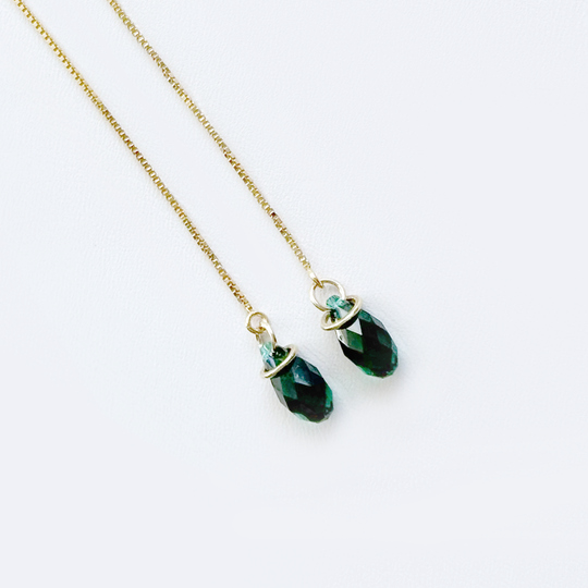 Green Briolette Crystal Threader Earrings | 14k Gold | MONOLISA Dainty Jewelry Collection by Artist Lisa Ramos
