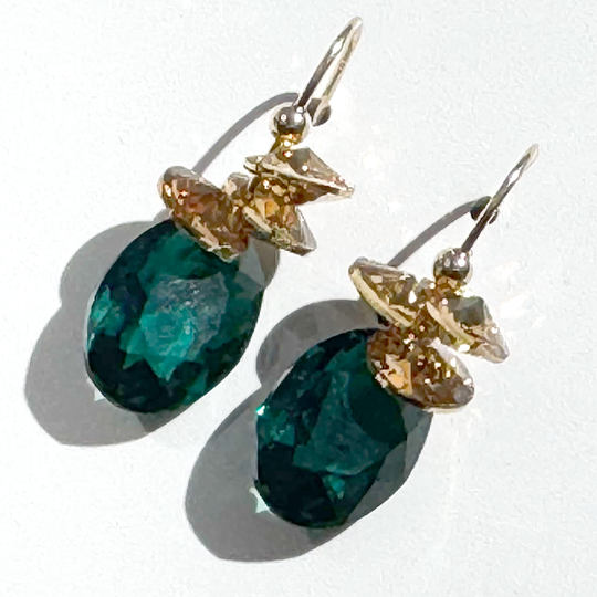 Short Drop Modern Pear Crystal Cluster Earrings - Holiday Collection - Color Emerald with Gold