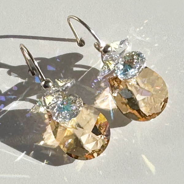 Fancy Pear Crystal Cluster Earrings - Color Golden with Iridescence
