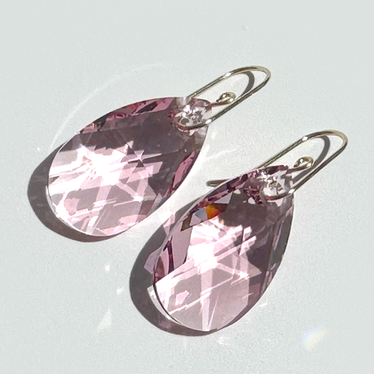 Large Classic Iridescent Pear Crystal Earrings - Soft Pink | 14k Gold Filled