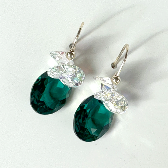 Green teardrop earrings with clear crystals on a white background | Handmade by California Artist Lisa Ramos