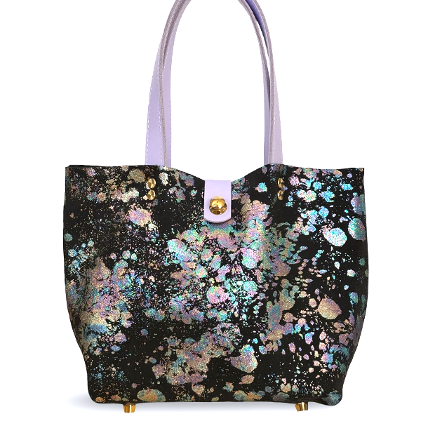 Suede Iridescent Paint Splatter Tote Bag – Bag 151 | Handmade by Artist Lisa Ramos