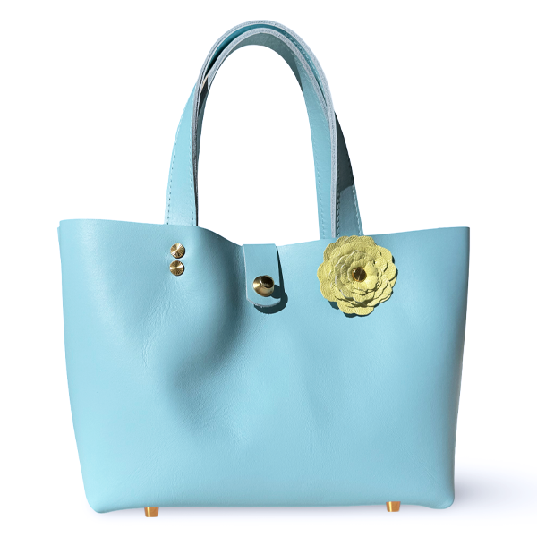 Blue Leather Tote Bag with Yellow Flower - Bag 145 | Handmade by Artist Lisa Ramos