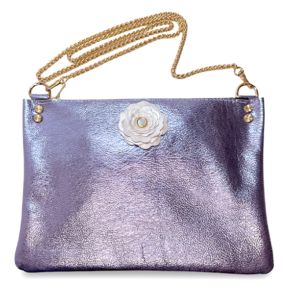 Purple Metallic Leather White Flower Crossbody with Mini Pouch – Bag 159 | Handmade by Artist Lisa Ramos
