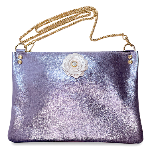 Purple Metallic Leather White Flower Crossbody with Mini Pouch – Bag 159 | Handmade by Artist Lisa Ramos