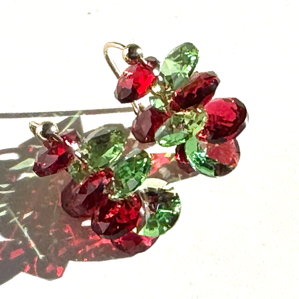 Mini Crystal Cluster Short Dangle Earrings - Red and Green Colored