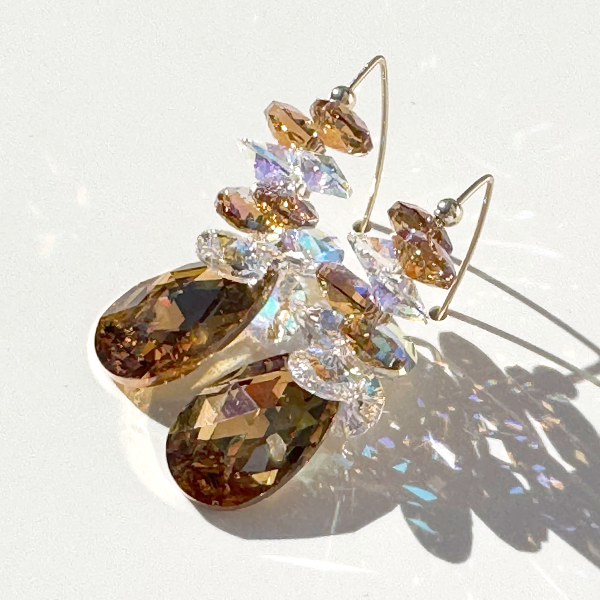 Large Shimmering Pear Crystal Cluster Earrings II - Topaz Color