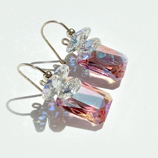 Short Drop Emerald Cut Crystal Custer Earrings - color pink