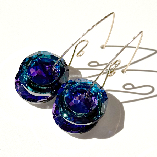 Round Purple and Blue Crystal Earrings Spiral Design in 14k Gold Filled | MONOLISA Jewelry by Artist Lisa Ramos
