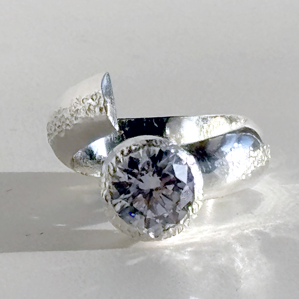 Argentium® Silver 2 Carat Simulated Diamond Textured Ring | MONOLISA Jewelry by Artist Lisa Ramos