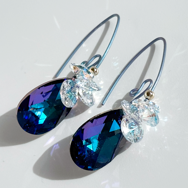 Titanium Purple Rainbow Pear Crystal Cluster Earrings  | Handmade by Artist Lisa Ramos