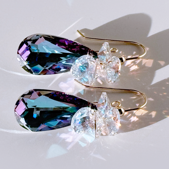 Short Teardrop Crystal Cluster Earrings in color purple unicorn | MONOLISA Jewelry by Artist Lisa Ramos