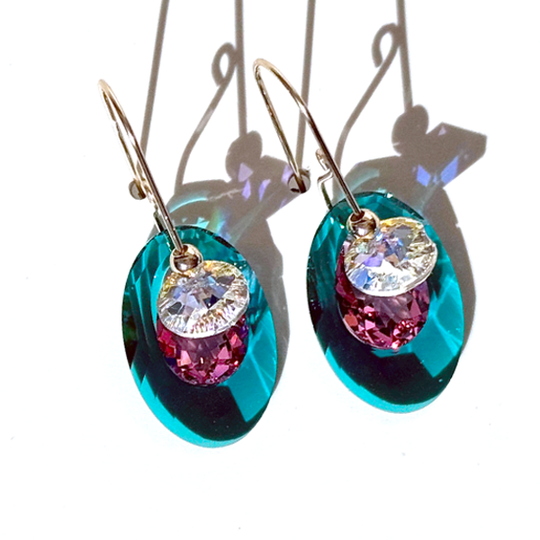 Short Oval Crystal Cluster Earrings in Zircon Color