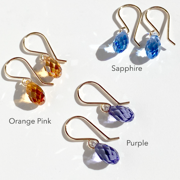 Dainty Elegance Collection - Briolette Crystal Earrings - Colors Sapphire, Purple and Orange Pink