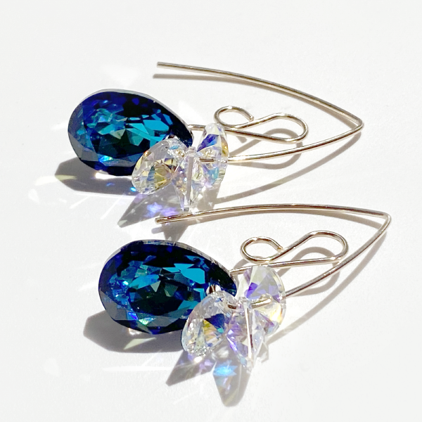 14k Gold Filled Elegant Scroll Crystal Cluster Earrings - Unique Blue