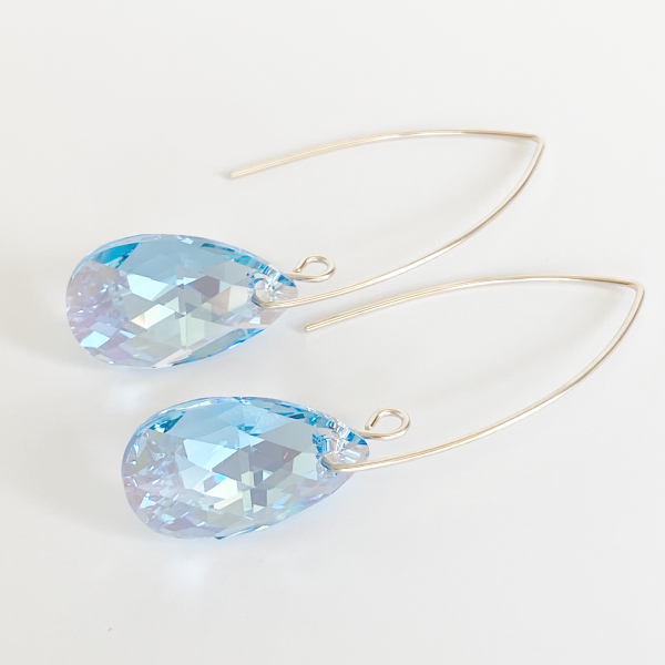 14k Gold Filled Classic Scroll Design Long Crystal Earrings - Aquamarine