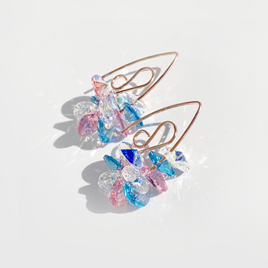 14k Gold Mini Bent Hoop Crystal Cluster Earrings - Cotton Candy