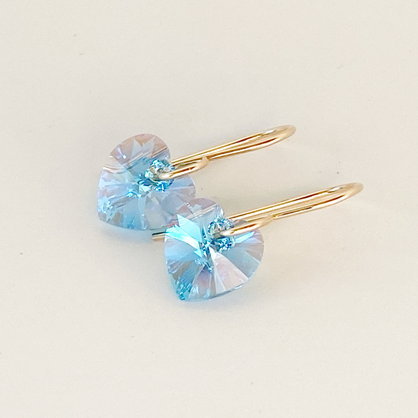 Aquamarine Crystal Heart 14k Gold Earrings 