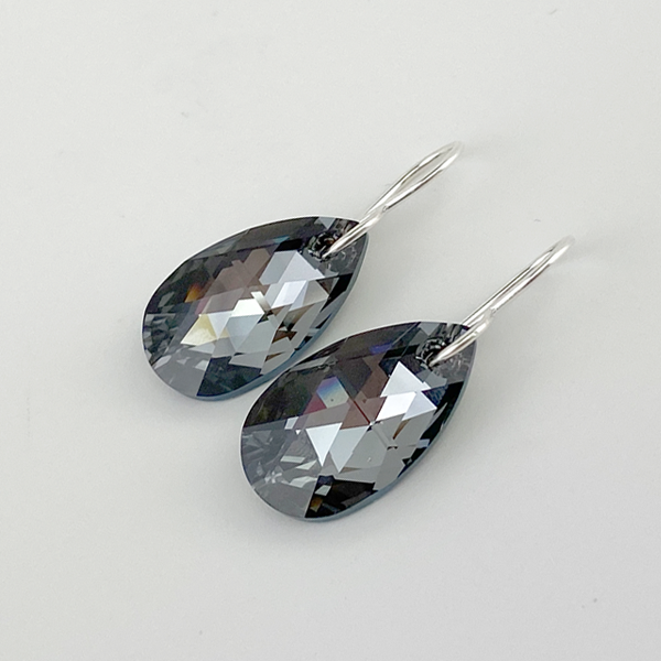 Elegant Crystal Gray Pear Earrings - Argentium Silver