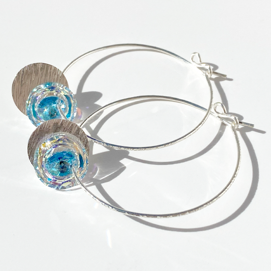 Argentium® Silver Eye Catching Crystal Hoop Earrings Collection II - Aqua Color | Jewelry Made in California