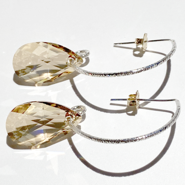 Elegant Hoop Argentium Silver Earrings - Ultra Large Golden Crystals
