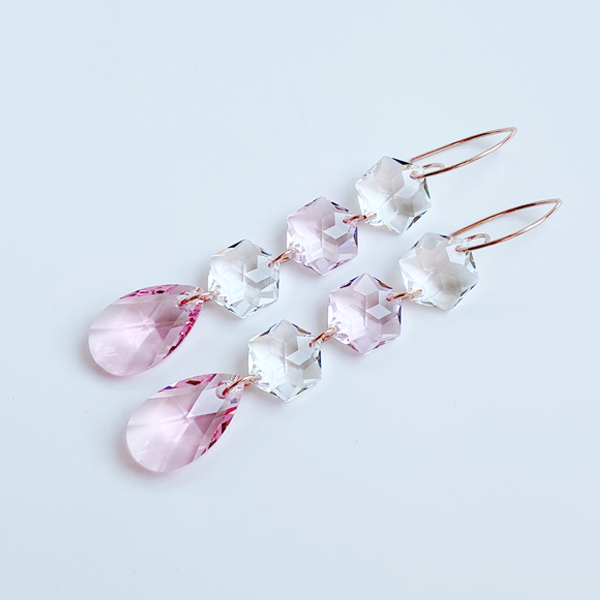 14k Rose Gold Regal Chandelier Drops - Pink Crystals