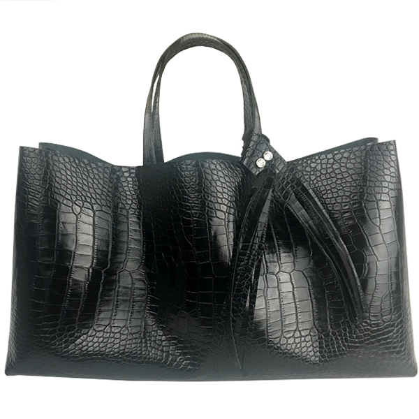 Products Large Croc Italian Leather Shopper Tote Bag 12 – Fringe Swarovski Design Title Large Croc Italian Leather Shopper Tote Bag 12 – Fringe Swarovski Design