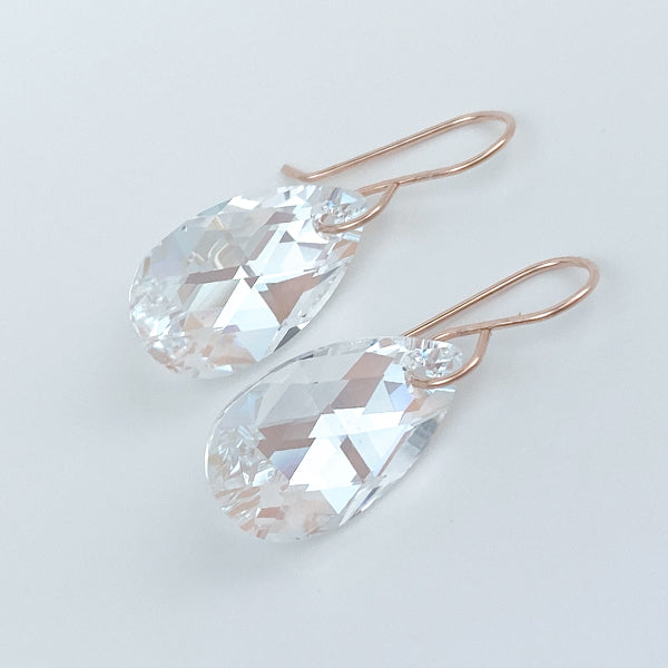 Elegant Blue Iridescence Crystal Pear Earrings - 14k Rose Gold