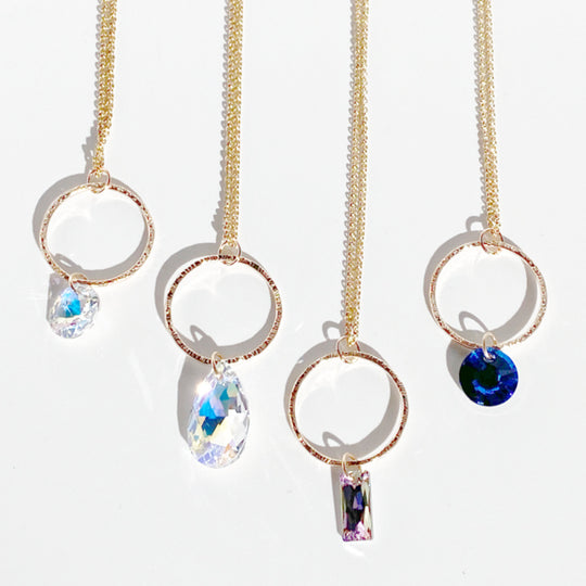14k Gold Textured Circular Crystal Pendant Necklace Collection -