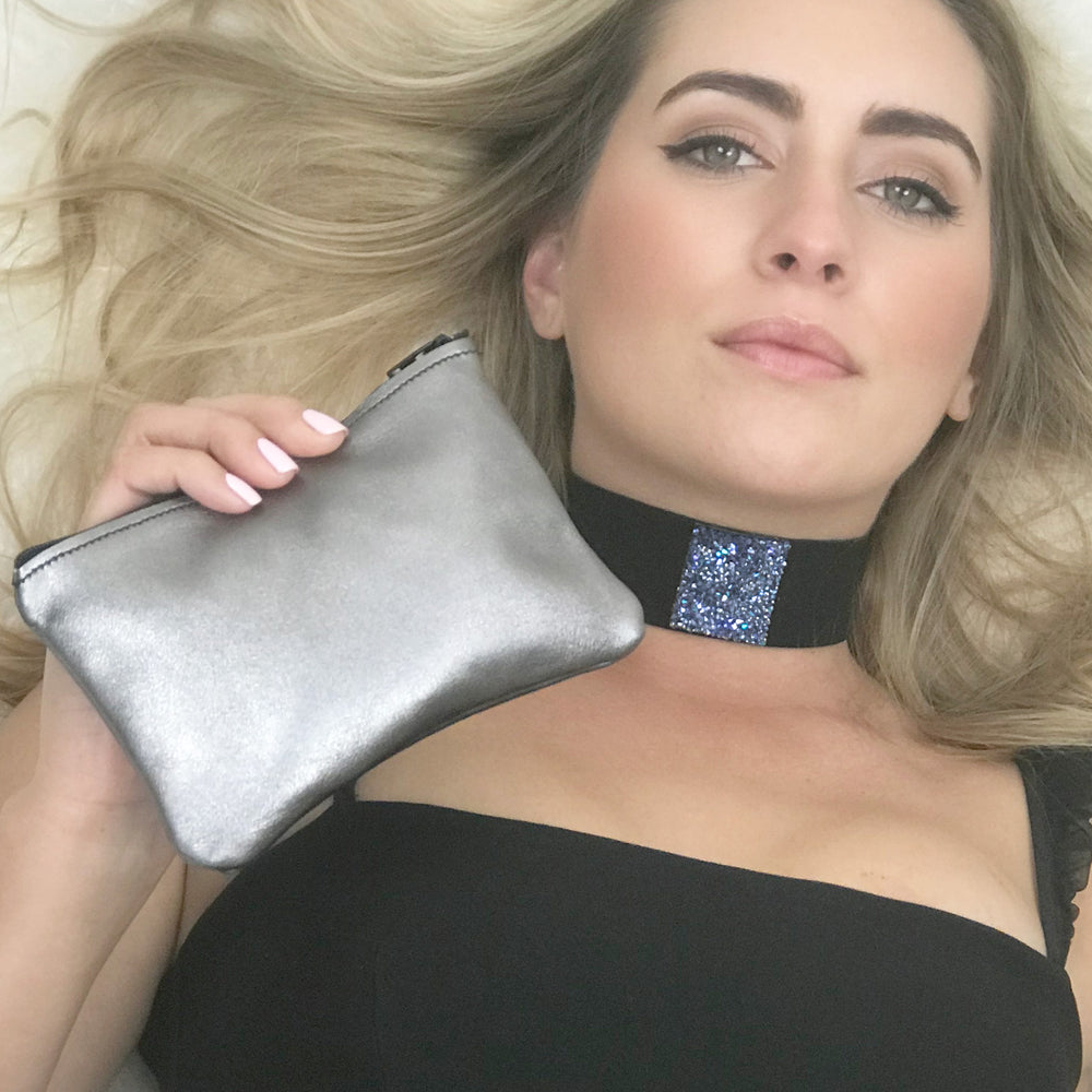 Monique Mini Pouch – Soft Silver Metallic Leather Featuring Swarovski Elements