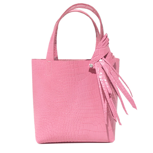 Pink Leather Croc Tote Bag with Fringe Details