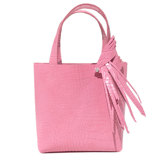 Pink Leather Croc Tote Bag with Fringe Details